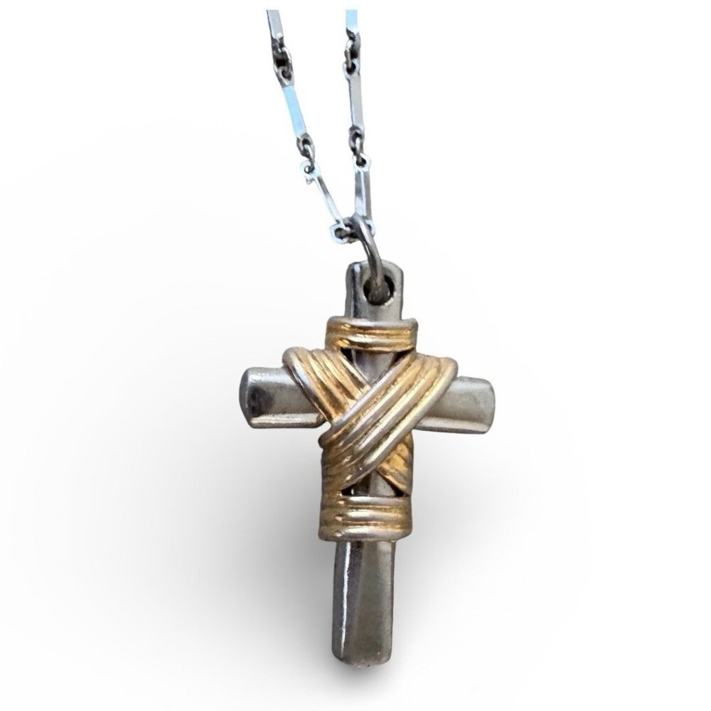 Two Tone Cross Necklace Silver Pendant Gold Wrap Long Chain Faith Jewelry